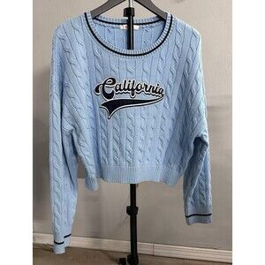 Stella Tweed California Sweater Med Blue Crop Cable Knit Classic Preppy Cozy